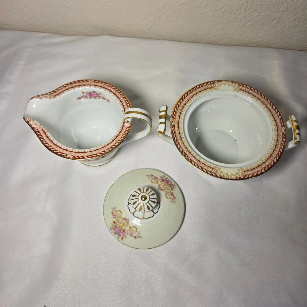 Noritake Vintage Floral Sugar Bowl and Creamer Set Gold Trim Made in Japan